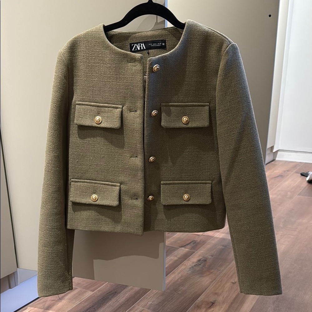 Zara Women's Olive Jacket with Gold Buttons